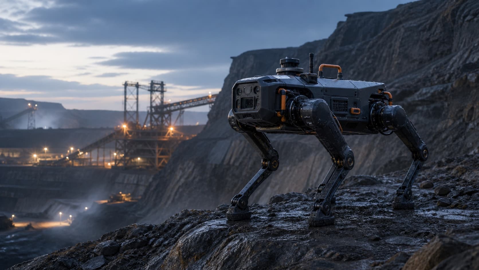 Unbranded quadruped robot operating in a rugged industrial site